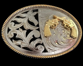 Western Style Cowboy Crossed Gun Shooter Belt Buckle Silver Gold Tone