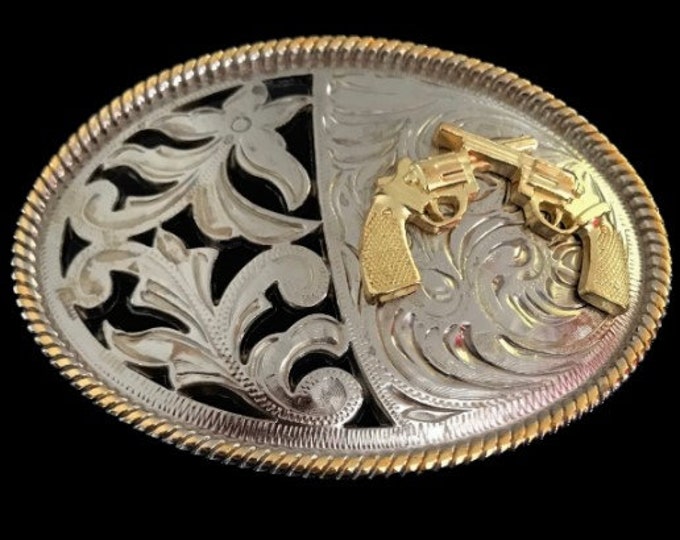 Western Style Cowboy Crossed Gun Shooter Belt Buckle Silver Gold Tone