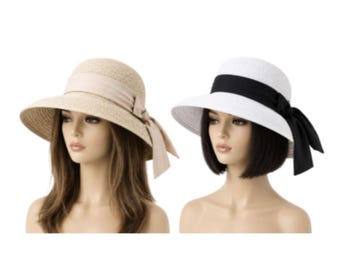 Women's Sun Summer Hat Straw UV Protection Travel Foldable Church Hats