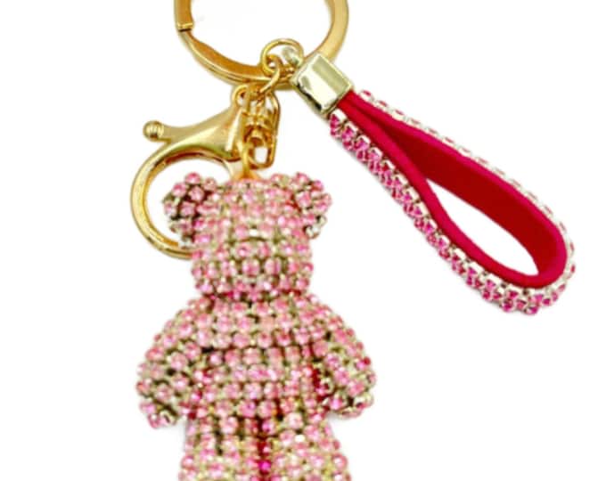 Pink Teddy Bear Crystal Rhinestone Keyring Keychain Handbag Bag Key Ring Bling