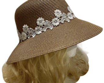 Summer Floppy  Hat Women Ladies Wide Brim Beach Lace Trim Hat Sun Foldable
