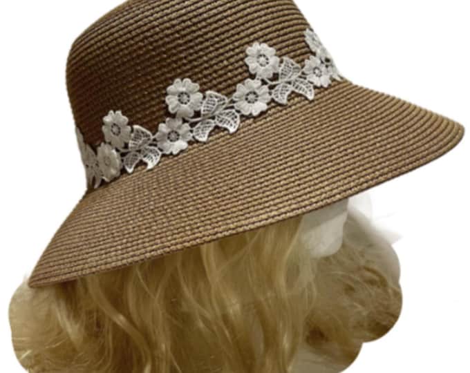Summer Floppy  Hat Women Ladies Wide Brim Beach Lace Trim Hat Sun Foldable