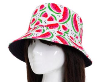 Bucket hat 100% cotton reversible watermelon design festival hat