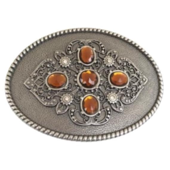 Belt Buckle Amber Color Stones Floral Cross Women display picture 2