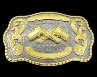 Western Style Cowboy Crossed Gun Shooter Belt Buckles Silver Gold Tone