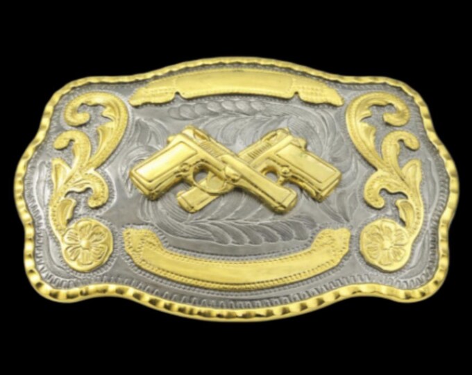 Western Style Cowboy Crossed Gun Shooter Belt Buckles Silver Gold Tone