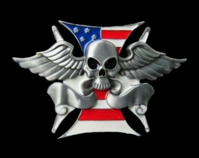 Human Skull Wings USA Flag Crossbones Belt Buckle
