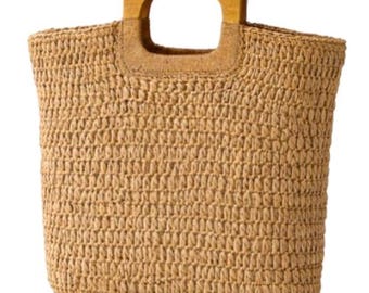 Straw Tote Bag with Wooden Handle Women Hobo Woven Handbag Summer Beach Travel