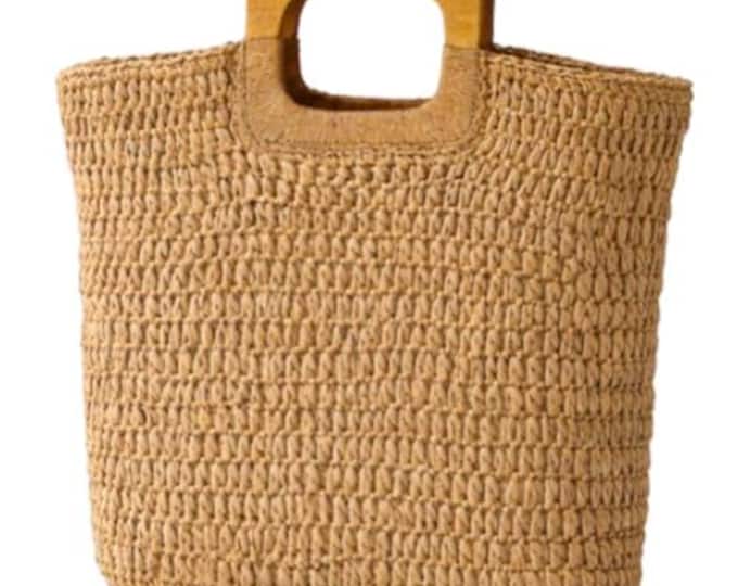 Straw Tote Bag with Wooden Handle Women Hobo Woven Handbag Summer Beach Travel
