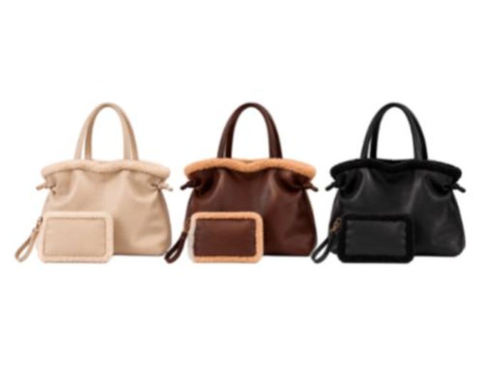 Faux Fur Leather Sherpa Trim Tote Bag with Matching Pouch