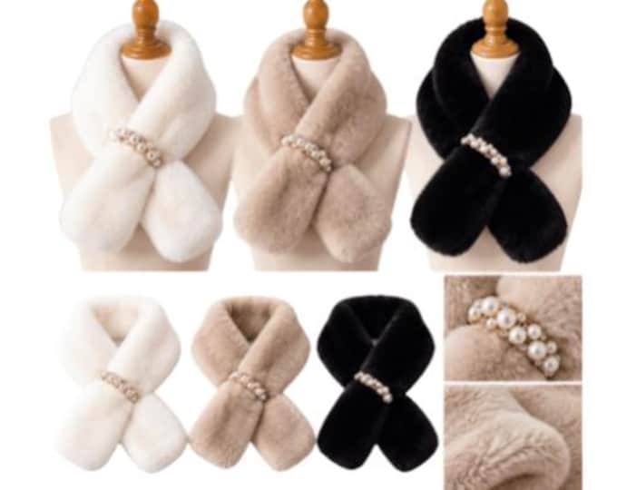 Women's Scarf Faux Fur Pull Through Flowers Faux Pearls Neck Warmer One Size