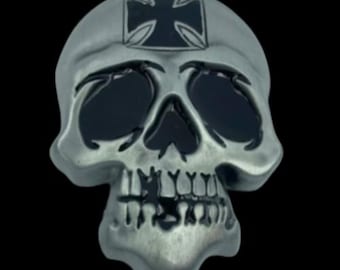Skull Skeleton Head Metal Belt Buckle Biker Style Silver Tone Cross Gothic