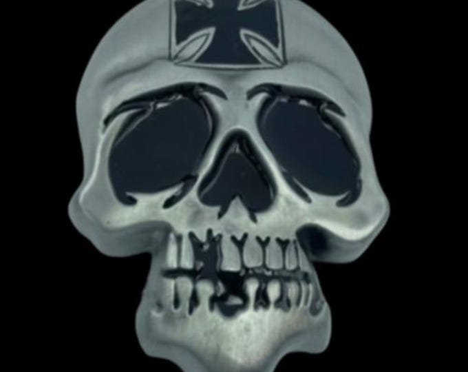 Skull Skeleton Head Metal Belt Buckle Biker Style Silver Tone Cross Gothic
