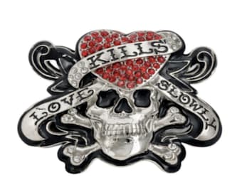 Love Kills Slowly Bling Red Heart Skull Belt Buckle