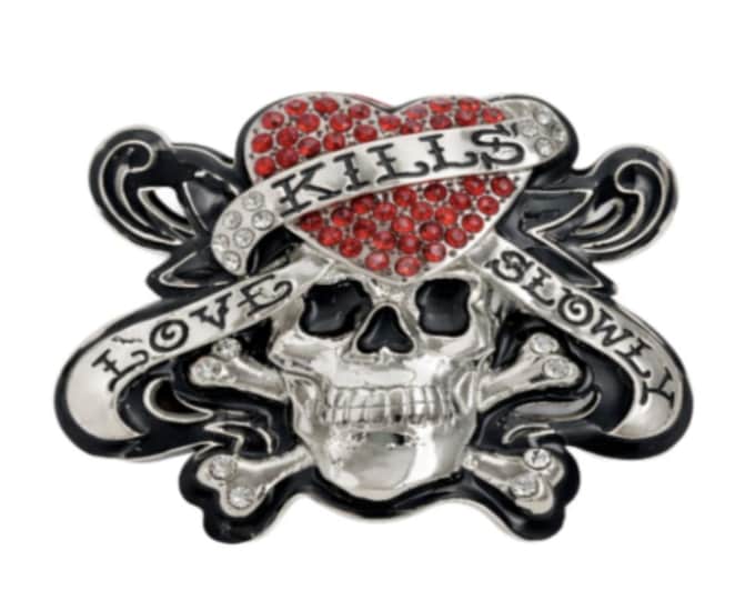 Love Kills Slowly Bling Red Heart Skull Belt Buckle