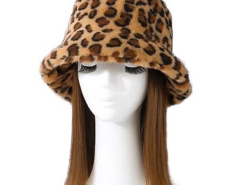 Soft Faux Fur Bucket Hat Furry Leopard Animal Print for Women Winter Cozy