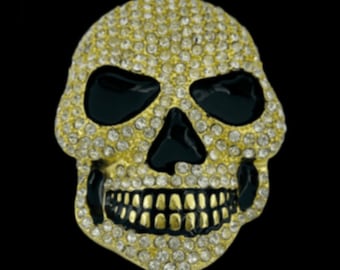 Skull Belt Buckle Gold Metal Bling Rhinestones Halloween Party Cosplay Costume