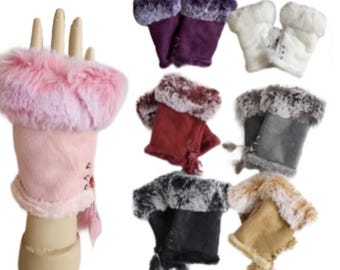 Women Winter Warmer Fingerless Gloves Faux Fur Suede Wrist Solid Mitten
