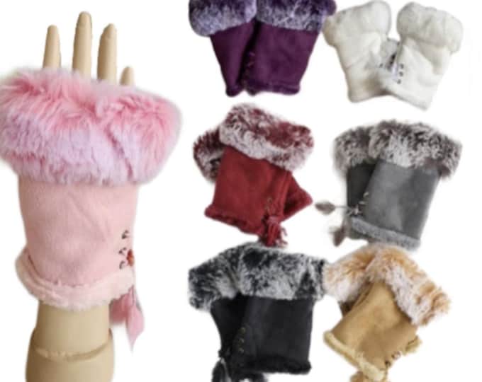 Women Winter Warmer Fingerless Gloves Faux Fur Suede Wrist Solid Mitten