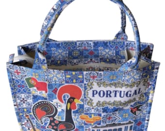 Large Portugal Souvenir Yellow Tram Galo De Barcelos Portuguese Tiles Tote