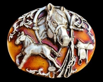 Horse Horses Horseshoe Saddle Western Cowboy Belt Buckle