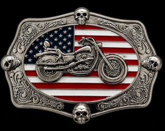 Motorcycle Skulls Bikers Club USA United States Flag Belt Buckle