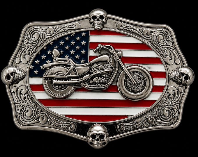 Motorcycle Skulls Bikers Club USA United States Flag Belt Buckle