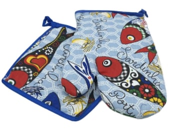 100% Cotton Traditional Portuguese Sardines Symbols Oven Kitchen Mitt Set of 2