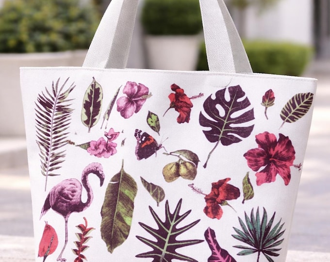 Tropical Leaf Floral Flamingo Tote Bag White Canvas Shoulder Beach Bags