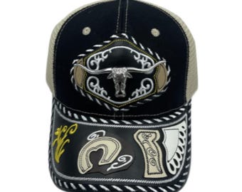3D Longhonrs Embroidered Faux Leather Western Hat Unique Design Mesh Back