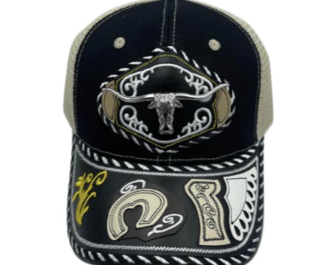 3D Longhonrs Embroidered Faux Leather Western Hat Unique Design Mesh Back