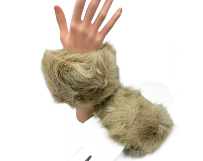 Beige Faux Fur Pair of Soft Fluffy Elastic Wrist Warmer Lined Cuffs