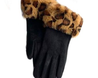 Women's Fashion Gloves Faux Fur Animal Print Trim Winter Fall