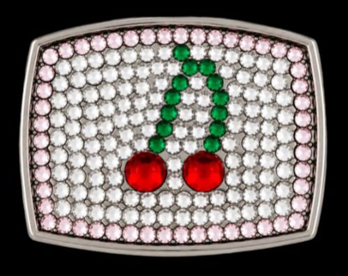 White Rhinestone Cherries Hot Cherry Pop Belt Buckle