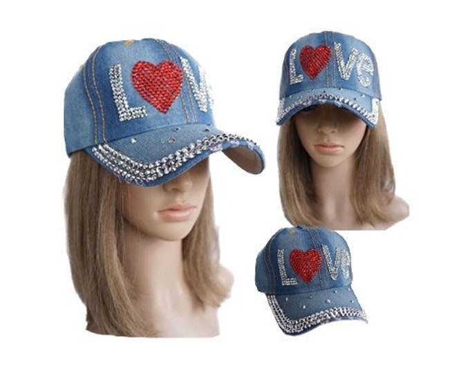 Rhinestone LOVE Bling Denim Women's Baseball Cap Hat