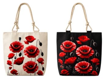 Elegant Red Poppy Tote Bag Canvas Shopper Women's Summer Fashion