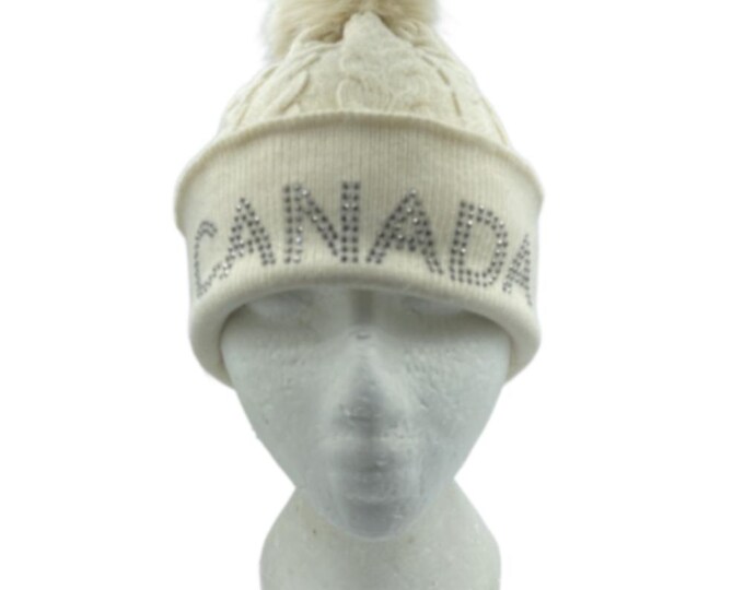 Canada Rhinestone Knitwear Cable Knit Pom Beanie Hat for Women Winter Toque