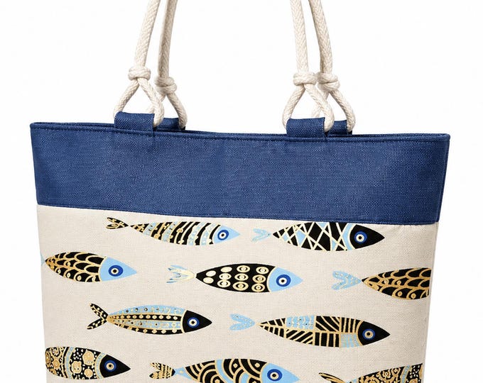 Fish Pattern Cotton Canvas Beach Summer Women's Style Bag Tote