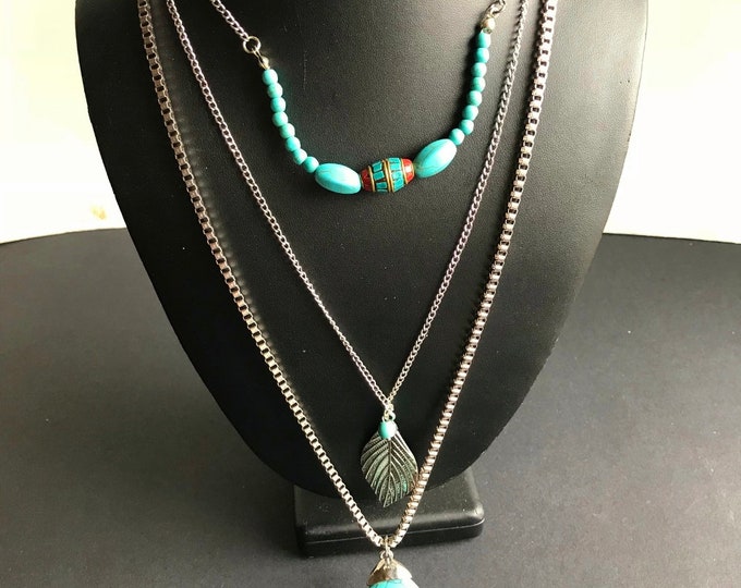 3 Layer Chain Turquoise Beads Stone Silver Feather Pendant Necklace