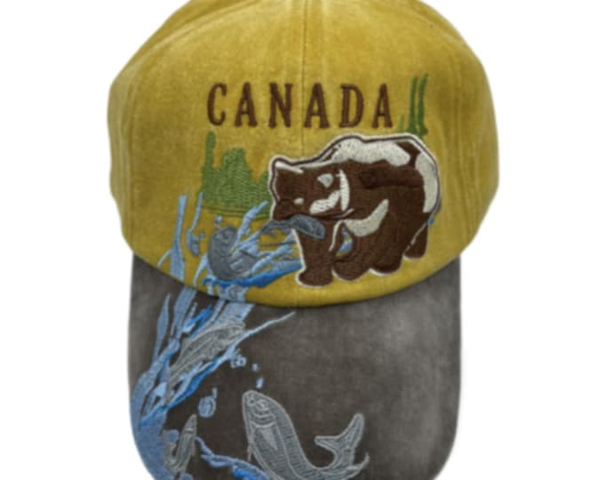 Canada Bear Fishing Embroidered Baseball Ball Cap Hat