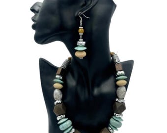 Teal Colored Stone Wood Beaded Necklace Earrings Set