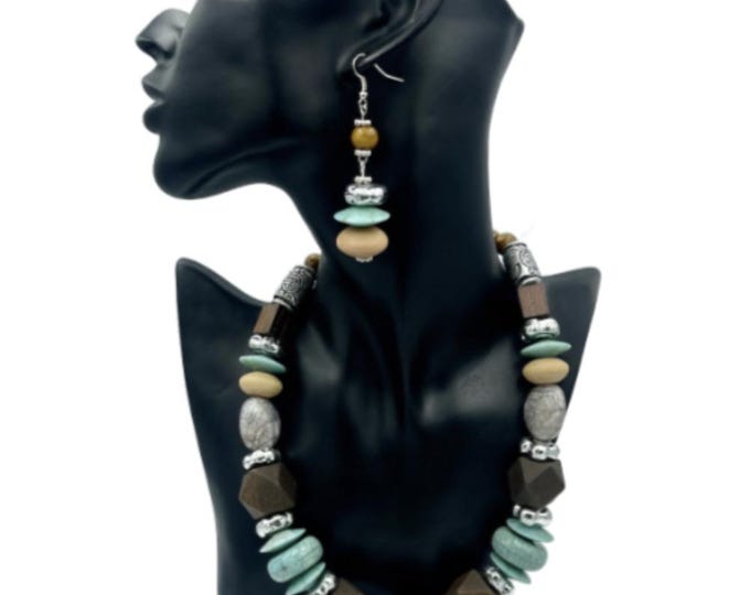Teal Colored Stone And Wood Beaded Necklace Earrings
