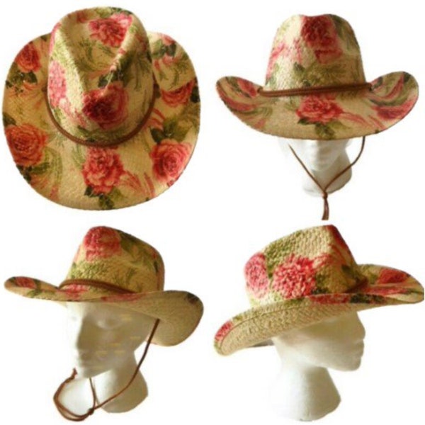 Chapeaux de paille fleuris roses en plein air pour femmes en plein air, chapeaux respirants de cow-boy de l'ouest