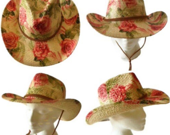 Floral Roses Straw Hat Summer Outdoor Women's Western Cowboy Breathable Hats