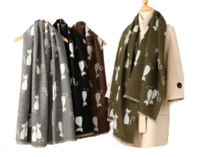 Ladies Double Sided Cat Pattern Scarf Evening Shawl Warm Winter Scarves