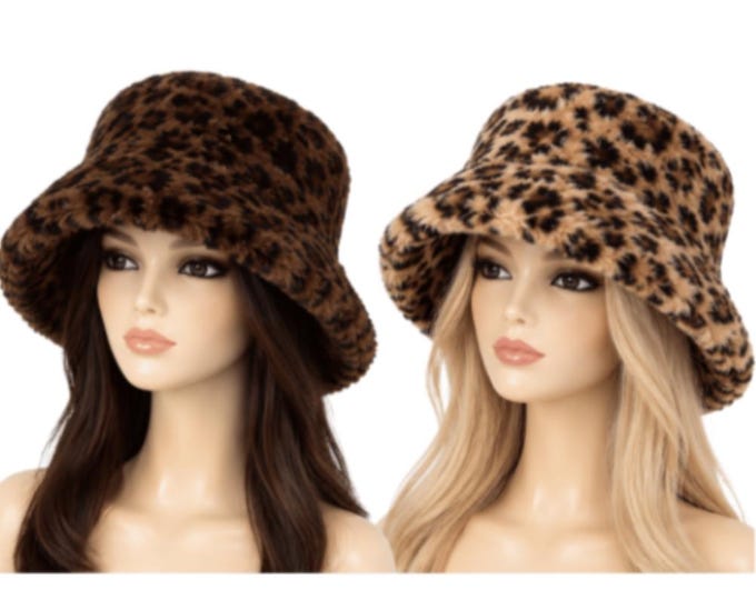Soft Faux Fur Bucket Hat Furry Leopard Animal Print for Women Winter