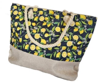 Large Capacity Zipper Handbag Shopping Travel Tote Shoulder Beach Bag Lemons