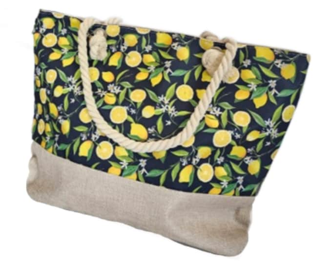 Large Capacity Zipper Handbag Shopping Travel Tote Shoulder Beach Bag Lemons