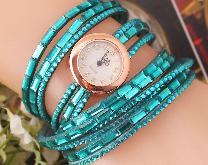 Blue Woman Stunning Rhinestone Wrap Around Fashion Bracelet Wristwatch Watch