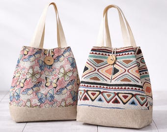 Bohemian Canvas Shoulder Tote Bag with Wooden Button Closure